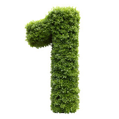 Realistic vertical garden number, discount of green leaves on a white background, 3D rendering. Shrub cutout in the shape of the number '1' (One)