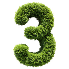Realistic vertical garden number, discount of green leaves on a white background, 3D rendering. Shrub cutout in the shape of the number '3' (Three)