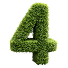 Realistic vertical garden number, discount of green leaves on a white background, 3D rendering. Shrub cutout in the shape of the number '4' (Four)