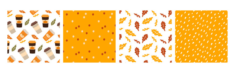 Seamless Autumn hot drink pattern set, hand drawn doodle Pumpkin spice latte, abstract geometric shapes. Set of five Autumn Hot Drink prints For wrapping paper, festival menu, wallpaper, packaging