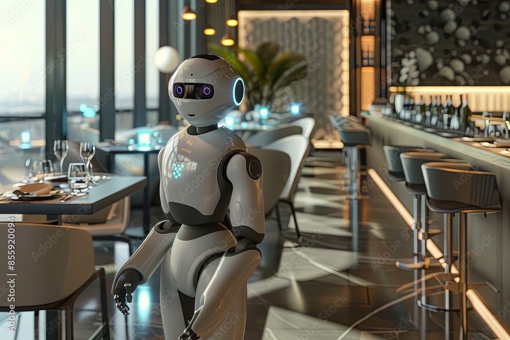 Fototapete a sleek, modern restaurant interior with an ai-powered robot serving customers at a table. the robot