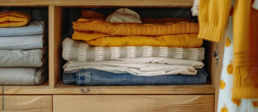 Poster neatly folded clothes with accessories in chest of drawers. copy space image. place for adding text 