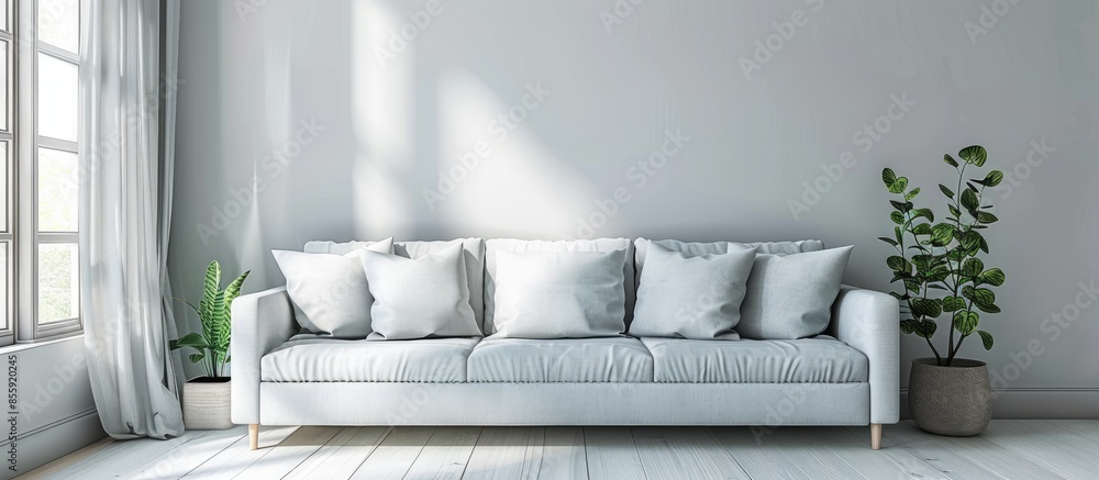 Poster living room interior with comfortable couch and soft pillows. copy space image. place for adding tex