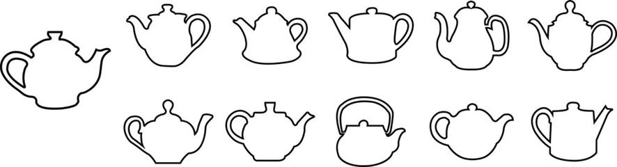 Tea pot, Camping Kettle line Icons Set of Portable Campfire Kettle for Boiling Water during Outdoor Adventures and Camping. Drinking coffee pot. Vectors signs and symbols on transparent background.