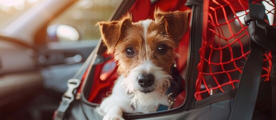 Cute Jack Russel Terrier dog in bag carrier inside car. Pet accessory. Copy space image. Place for adding text or design