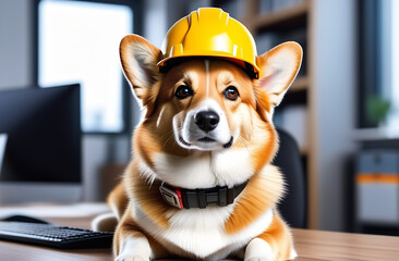Cute corgi lying down on the office table wearing yellow construction helmet. Dog working as engineer of building in special clothes 