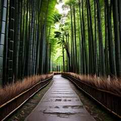 Fototapeta premium A pathway winding through a dense bamboo forest. The tall bamboo stalks create a natural tunnel, with sunlight filtering through the leaves at the top. 