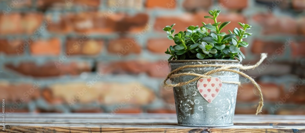 Poster small bucket with little plant, jute string and heart pattern on wooden table near brick wall. copy 