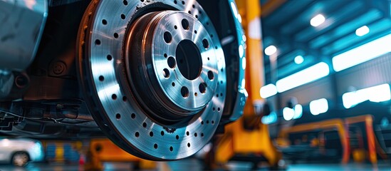Closeup of steel brake disc in car service. Concept for replacing wheel pads in garage. Copy space image. Place for adding text or design
