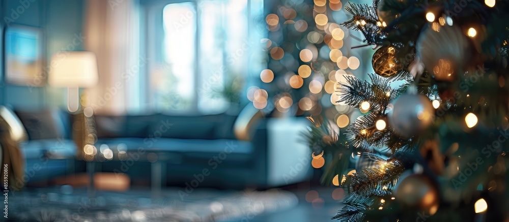 Poster blurry abstract background of new year`s interior with a beautiful decorative christmas tree. copy s