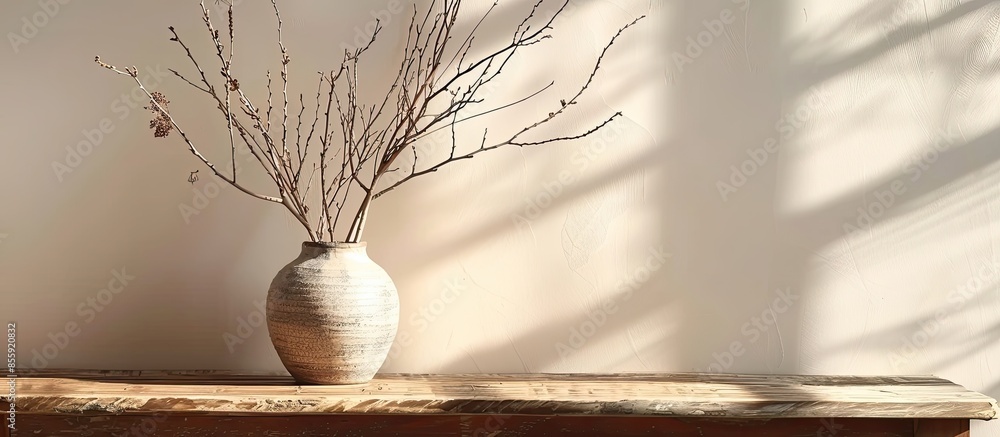 Poster a vase with branches and a ceramic vase on a wooden table in the interior of the room. copy space im