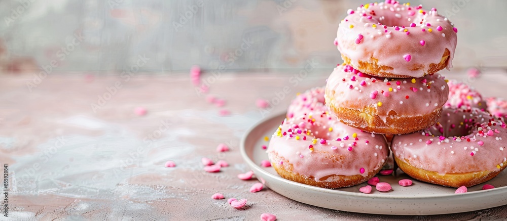 Poster stack of pink doughnuts on the plate. valentine's day concept. copy space image. place for adding te