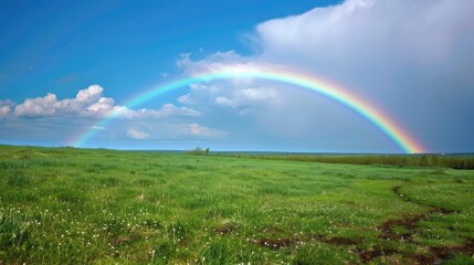 Naklejka premium Green grass field, blue sky rainbow, background nature