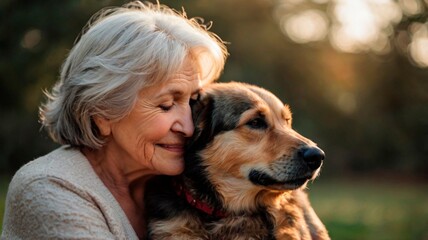 elderly woman hugging a dog