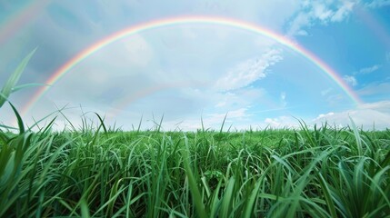 Naklejka premium Green grass field, blue sky rainbow, background nature