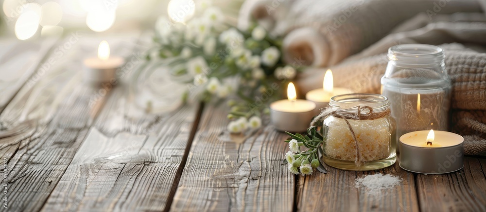 Aufkleber table with massage jars and candles. Copy space image. Place for adding text and design