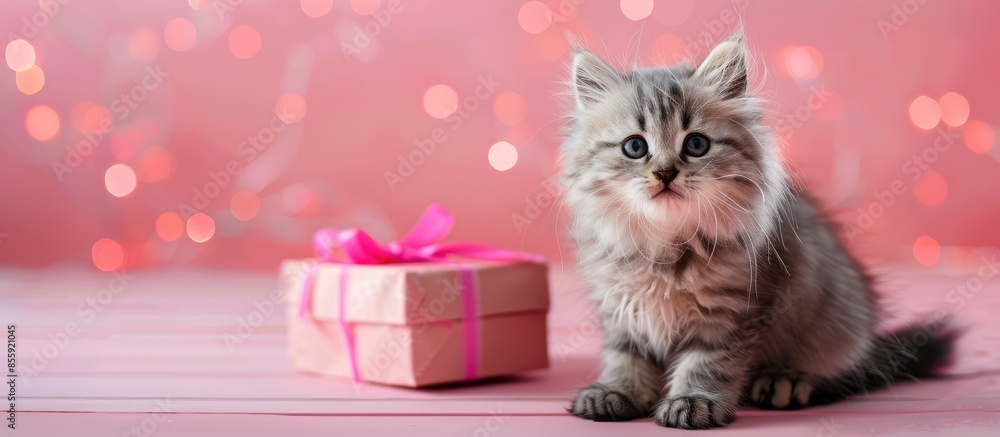 Poster fluffy light kitten on a pink background and a gift box. copy space image. place for adding text and