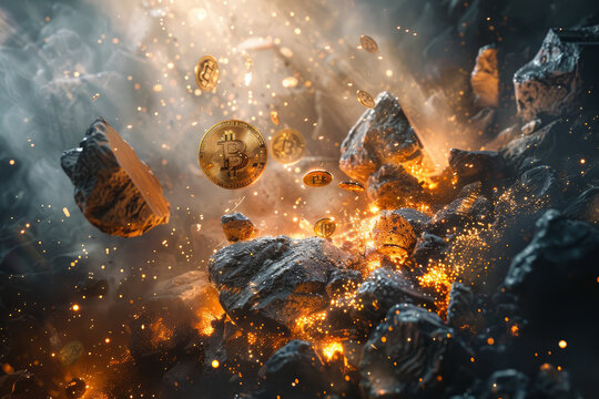 Experience the intensity of digital currency as Bitcoin shatters through barriers in an abstract art piece inspired by Chaotic Academia and the energy of Breakcore music.