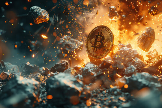 The dynamic power of cryptocurrency with Bitcoin coins bursting through rocks, captured in a vivid Chaotic Academia and Breakcore scene, showcasing market disruption.