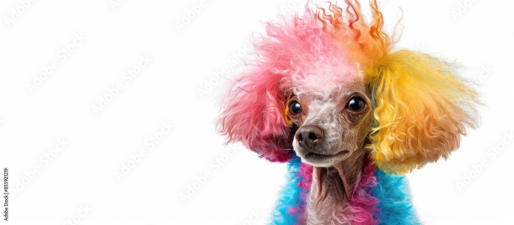 Poster poodle with multi-colored hair and mohawk, 12 months old, standing in front of white background. cop