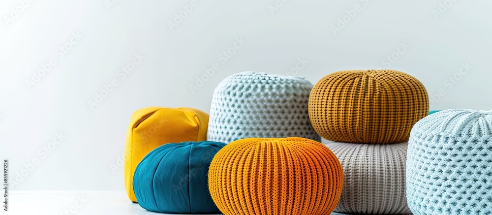 Poster different poufs on white background. home design. copy space image. place for adding text and design