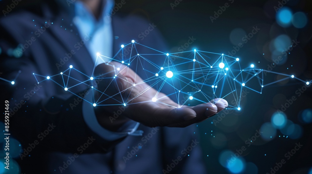Poster a 3d rendering depicting modern devices connected in a businessman's hand, symbolizing digital conne