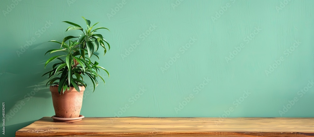 Poster flower in the pot stands on a wooden table against the background of the green wall. copy space imag