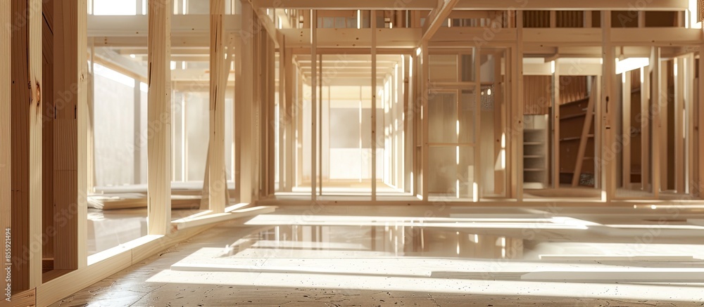 Poster basement unfinished under construction residential home framing. copy space image. place for adding 