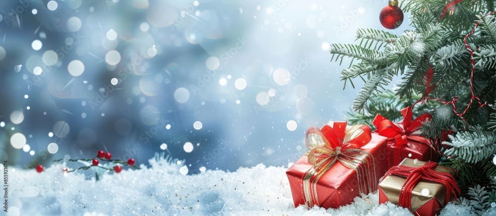 Aufkleber christmas gifts lie under the christmas tree. copy space image. place for adding text and design