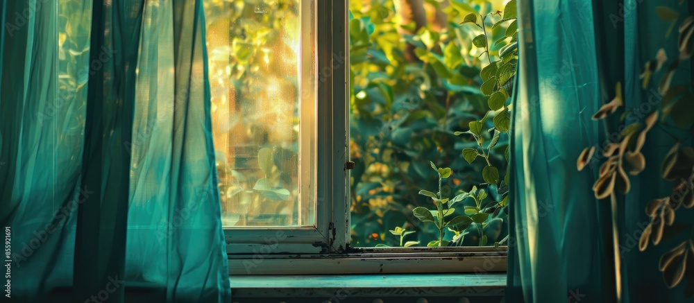 Aufkleber At the edge of the window is a beautiful green curtain. Copy space image. Place for adding text and design