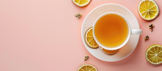 Warm lime tea with dried limes pastel background Food. Copy space image. Place for adding text and...
