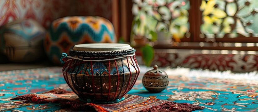 ethnic musical instrument tabla in the interior of the chill-out. Copy space image. Place for adding text or design