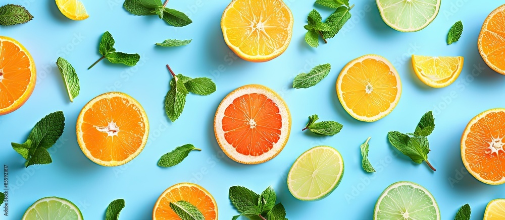 Aufkleber colorful pattern of citrus fruit slices and mint leaves on blue background. top view, flat lay. copy