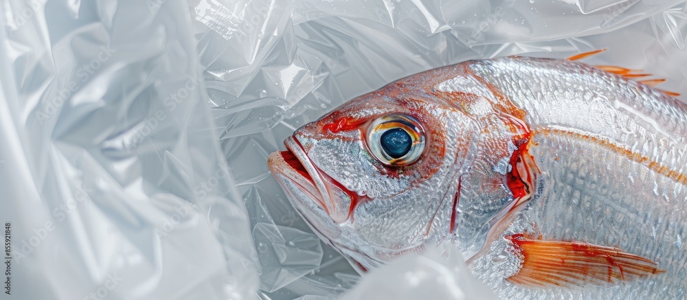 Aufkleber fresh fish with a half of plastic metaphor micro plastic is contamination in organisms of marine lif