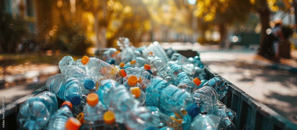 Poster many used bottles in trash bin outdoors, closeup. plastic recycling. copy space image. place for add