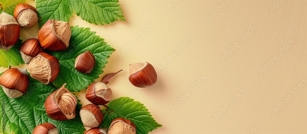 Poster hazelnut pastel background food isolated nature leaf. copy space image. place for adding text and de