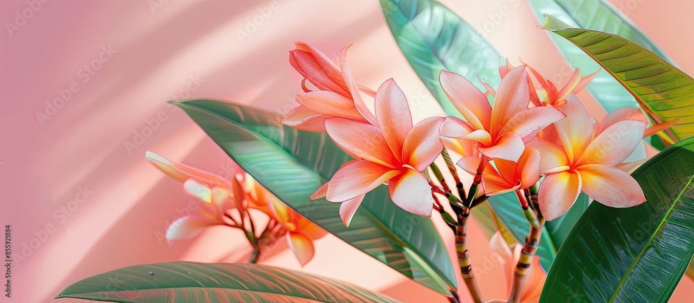 Poster tropical flower isolated on pastel background flower. copy space image. place for adding text and de