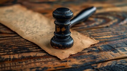 A wooden gavel rests on an old, parchment scroll on a rustic wooden table.  The gavel symbolizes justice, law, and authority.