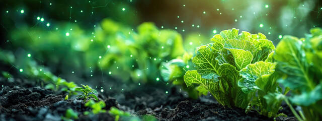 Smart Farming in Vegetable Field Background with Digital Integration. Futuristic farming with greenery and holographic data display. Sustainable agriculture and technology concept.