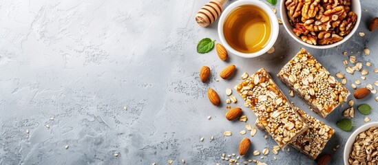 Vegetarian sweets. Granola bars made of sesame seeds, peanuts, cashew nuts, sunflowers seeds, oil and honey. Copy space image. Place for adding text or design