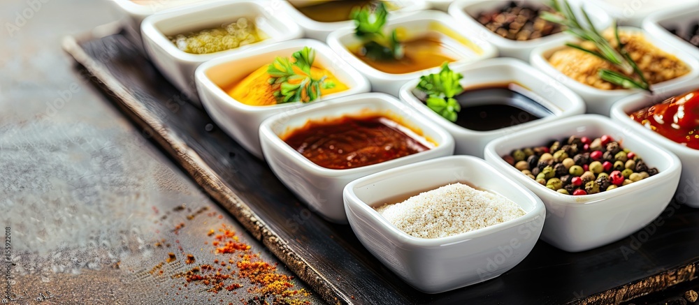 Poster a white serving tray surrounded by sauce bowls. copy space image. place for adding text and design