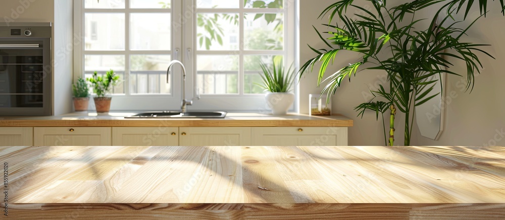 Poster wooden counter with sink near table with potted plant in light kitchen with modern appliances and wi