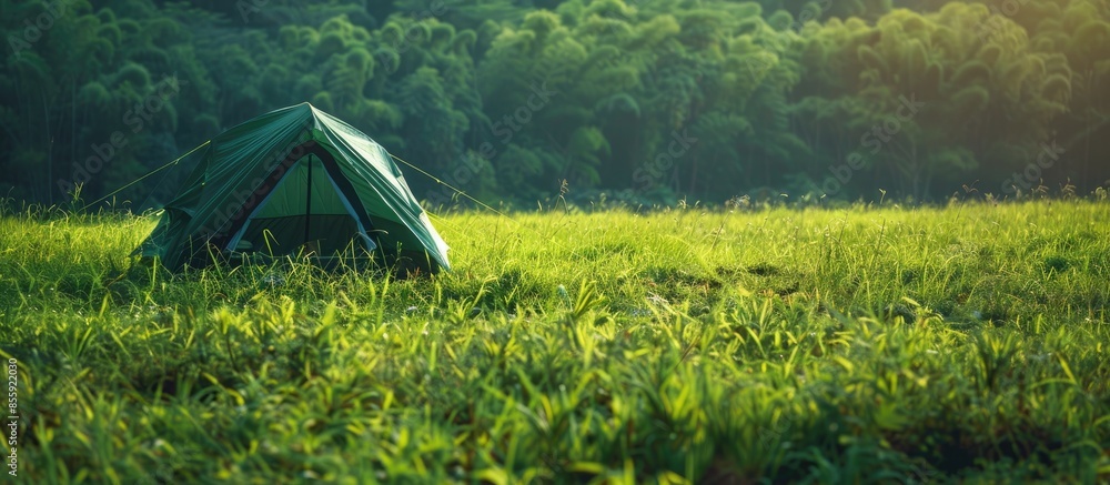Poster tent on green grassland. copy space image. place for adding text or design