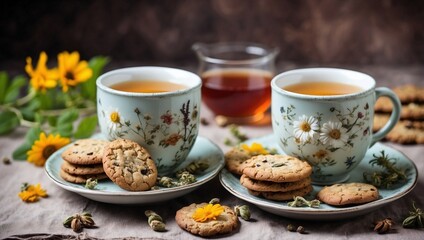 Fototapeta premium Cups of Tea and Cookies on Cloth