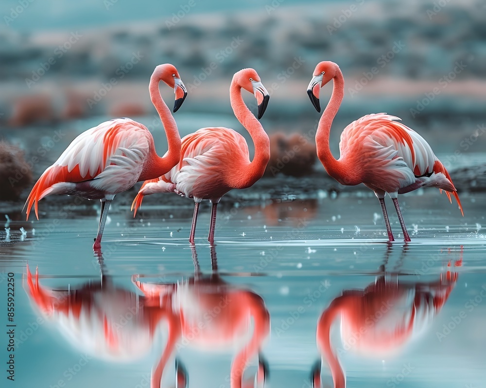 Sticker Elegant Flamingos Gracefully Standing in a Tranquil Lake with Mesmerizing Reflections