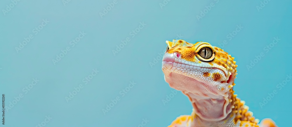 Poster leopard gecko on pastel background people. copy space image. place for adding text and design