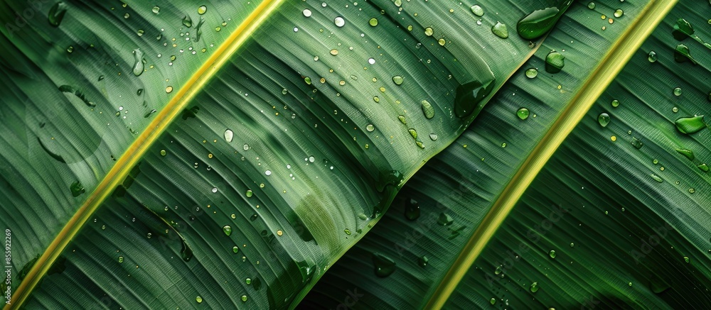Poster banana leaf with water drops. close-up. nature background. copy space image. place for adding text a