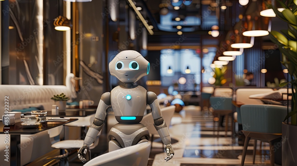 Poster A modern restaurant features an AI-powered robot interacting with customers, enhancing service quality and providing a seamless dining experience. Generative AI