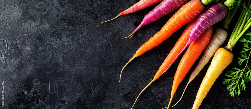 Poster fresh rainbow carrots picked from the garden. copy space image. place for adding text or design