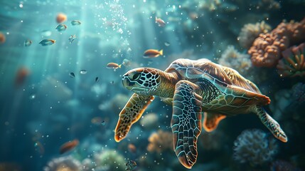 Fototapeta premium Playful sea turtles swimming in a vibrant coral reef underwater scene with copy space